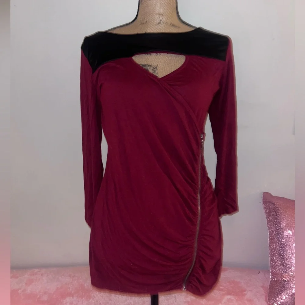 Guess Burgundy and Leather Cutout Long Sleeve Top Large